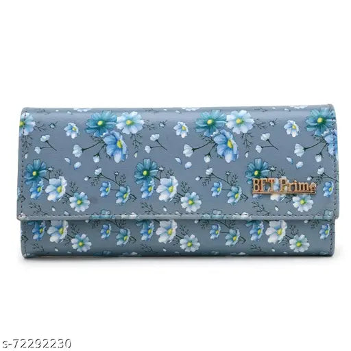Grey floral embroidery wallet with closure, large enough for bills and cards