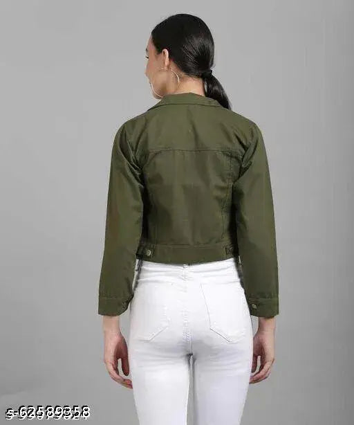 Dark green denim women's jacket, solid pattern, long sleeves, ZOONI COLLECTION