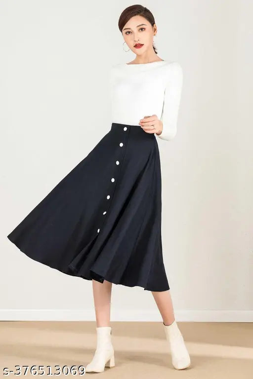 Black skirt with puff sleeves, knee length, high waist, fitted at hip