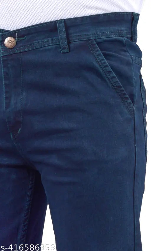 Navy blue denim jeans for men, trendy and unique style with zip fly, belt loops, curved pockets, and brand patch. Relaxed fit, stretchable, casual wear in sizes 28-40 (India)