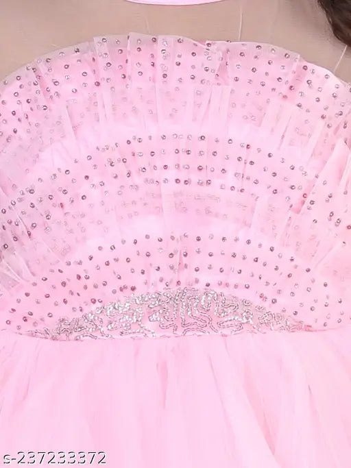 Pink embellished net party gown for girls aged 1-4 years, toy balloon design, Indian origin
