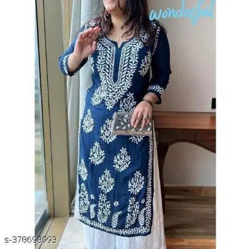 Rayon embroidered net knee-length kurta set with palazzos, three-quarter sleeves