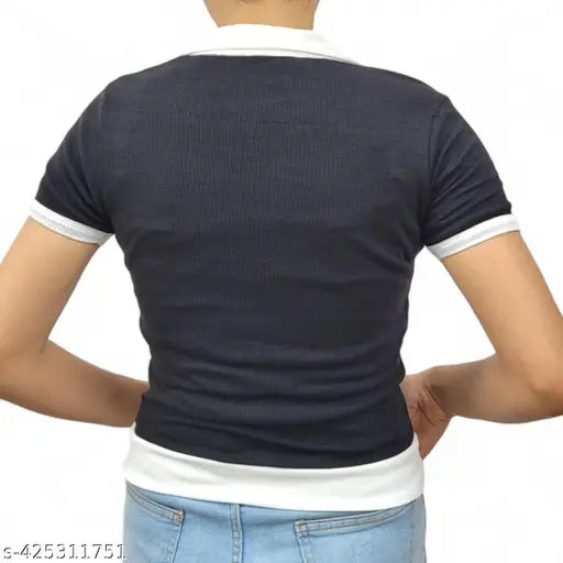 Stylish women's cotton contrast collar crop top, short sleeves, solid color, available in multiple sizes