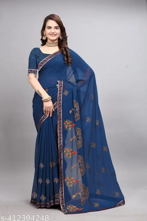Embroidered blue Zamato saree with fensi lace and diamond work, soft and lightweight traditional wear for formal occasions, India