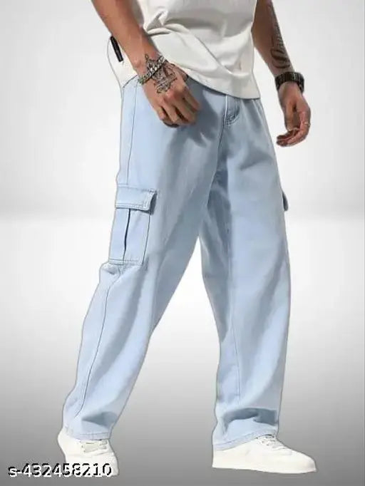 Men's oversized light blue cargo pants with multiple pockets and a drawstring waistband