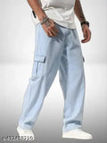 Men's oversized light blue cargo pants with multiple pockets and a drawstring waistband