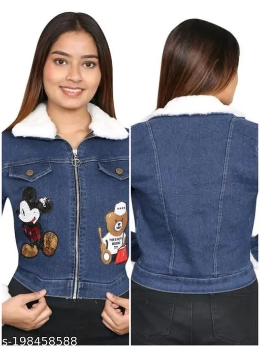 Denim jacket with Mickey Mouse patch, ideal for fashionable girls