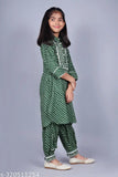 Misbis girls cotton printed kurtas & pyjama set in straight style, calf length, three-quarter sleeves. Perfect for weddings, parties, and festivals