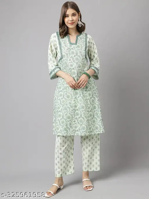 Mint green pure cotton Fiorra kurta set with palazzos, detailed floral print, suitable for festive and party occasions