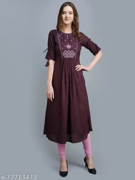 Rayon embroidered anarkali kurta, three-quarter sleeves, trendy partywear for women, India