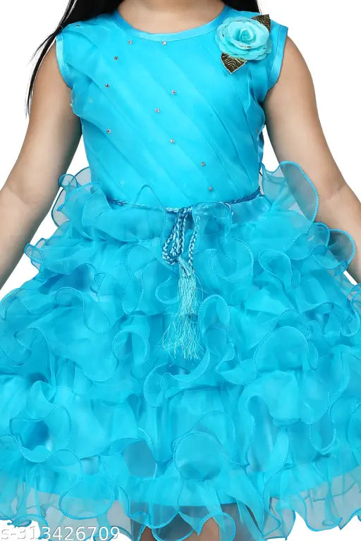 Blue satin embroidered single fit and flare sleeveless dress, girls' fashionable outfit