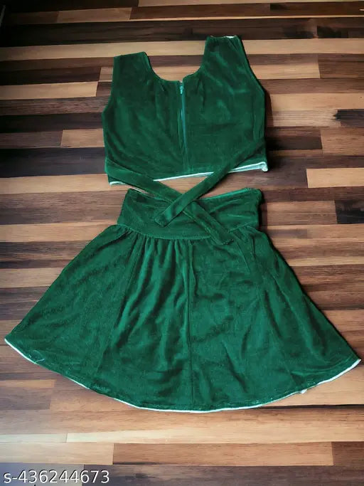 Velvet and organza embroidered bridal lehenga with sleeveless crop top, suitable for special occasions like weddings or festivals. Size: 0-3 months (14in waist, 17in length). Indian ethnic wear