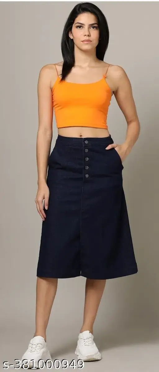 Navy Blue Buttoned A-Line Long Denim Woman Skirt, lightweight & breathable denim for women's wardrobe. Fits all body types, home washable with exclusive self designs. Denim skirt for midi-calf, trendy and versatile style from India