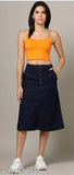 Navy Blue Buttoned A-Line Long Denim Woman Skirt, lightweight & breathable denim for women's wardrobe. Fits all body types, home washable with exclusive self designs. Denim skirt for midi-calf, trendy and versatile style from India