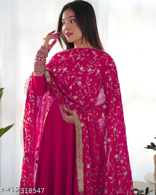 Women's S Georgette embroidered gown set with pant and dupatta, features long sleeves and a maximum waist size of 38 inches, made in India (Georgette fabric, stitched net, pack of 3)