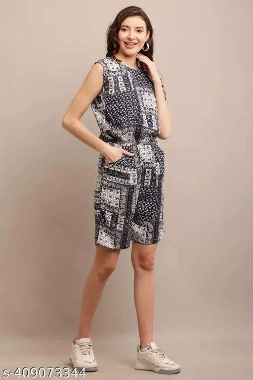 Trendy rayon sleeveless printed net nightsuit, attractive women's lounge wear from India