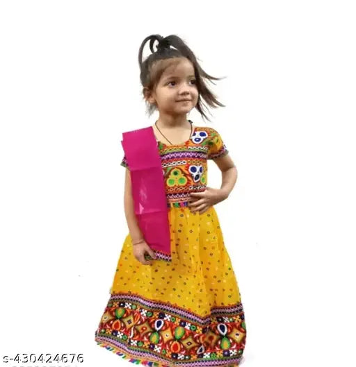 Cotton lehenga cholis for kids - embroidered Indian outfits with short sleeves, available in various sizes from 0-6 months to 9-10 years