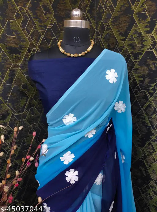 Neilaa and Safed Georgette Embroidery Work Saree with Flower Print, ideal for parties or special occasions