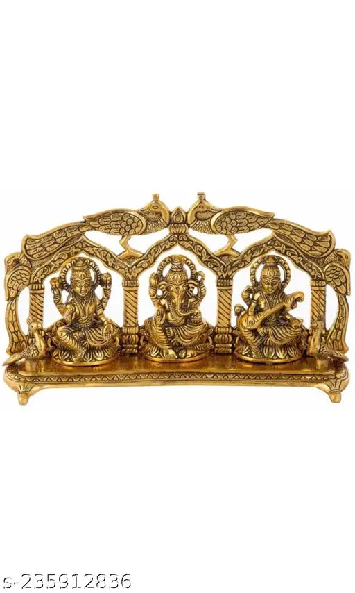 Golden metal Laxmi-Ganesh-Saraswati peacock home temple decor, Indian artisan crafted
