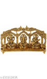 Golden metal Laxmi-Ganesh-Saraswati peacock home temple decor, Indian artisan crafted