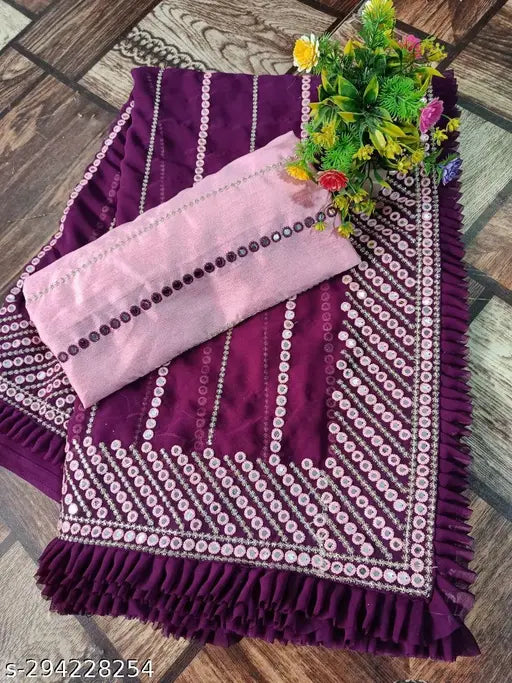 Purple chiffon saree with ruffled edges and borders, pink embroidered pallu