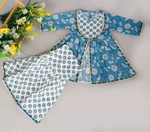 Floral printed cotton kurti sharara set for baby girls, vibrant colors and Gota Patti detail. Ethnic Indian wear for Diwali, Janmashtami, rakhi, etc." (123 characters)