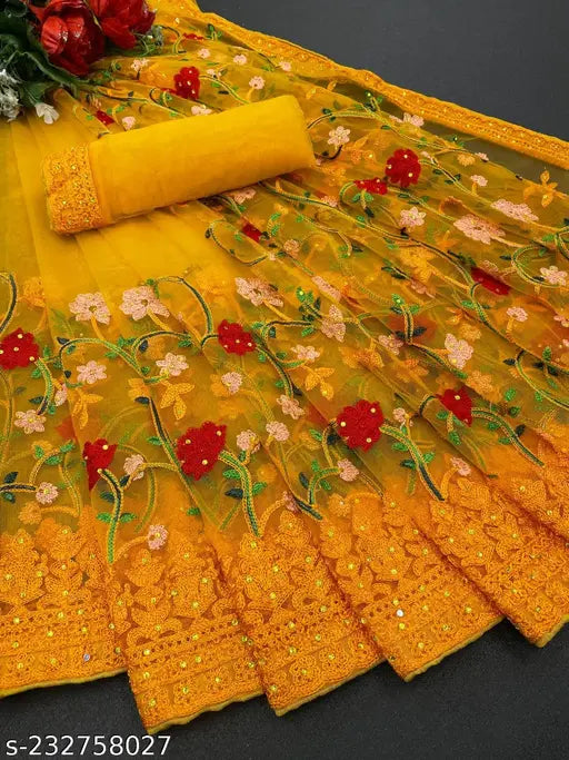 Indian net saree with embroidered blouse in dupion silk, free size, exclusive heavy handwork