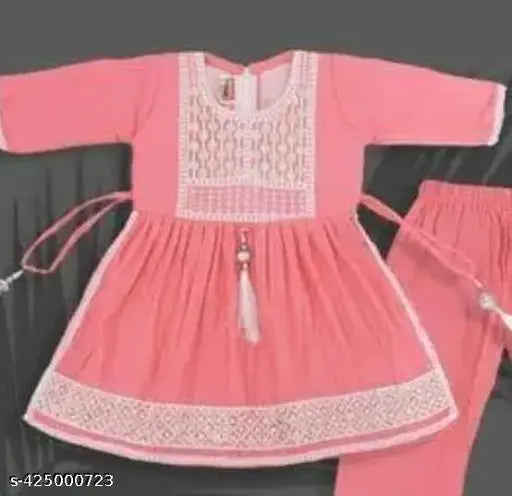Embroidered rayon A-line kurta set for girls baby with harem pants, three-quarter sleeves. Indian clothing for infants and toddlers