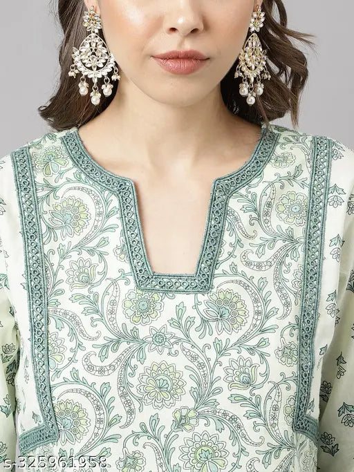 Mint Green Pure Cotton Fiorra Kurta Set with Palazzos - Indian printed A-line kurta and bottomwear for festive occasions, V-neck, 3/4th sleeves, calf length