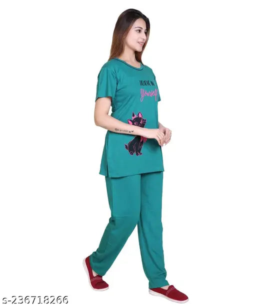 Imported cotton nightsuit for women with Disney and cartoon prints, short-sleeved pyjama set