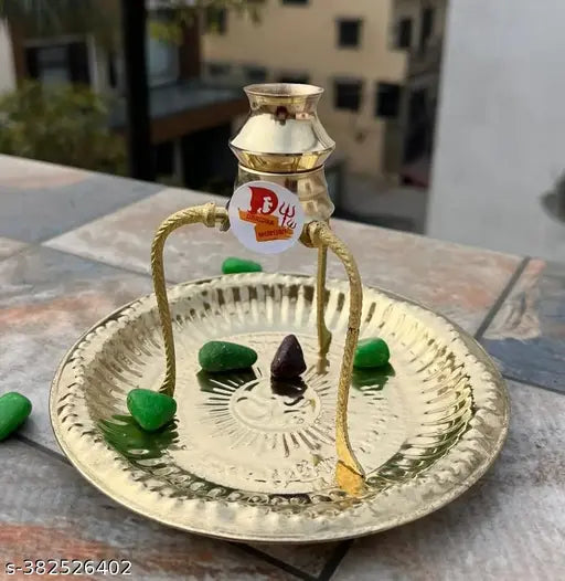 Brass Shivling stand with brass plate for puja, decorative showpiece, gold finish, 14cm x 14cm x 14cm, used for Jalabhishek