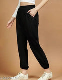 Black & lavender women's fleece jogger pant combo, stretchable wool fabric for winter sports or gym wear, deep side pockets, elastic waistband