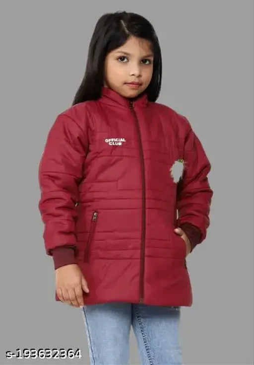 Red puffer jacket with a hood, zip closure