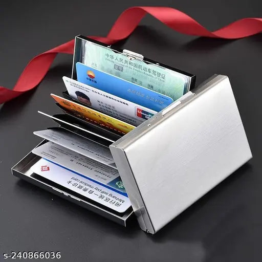 Solid leather wallet, 5 compartments, ultra-slim stainless steel cardholder for daily use