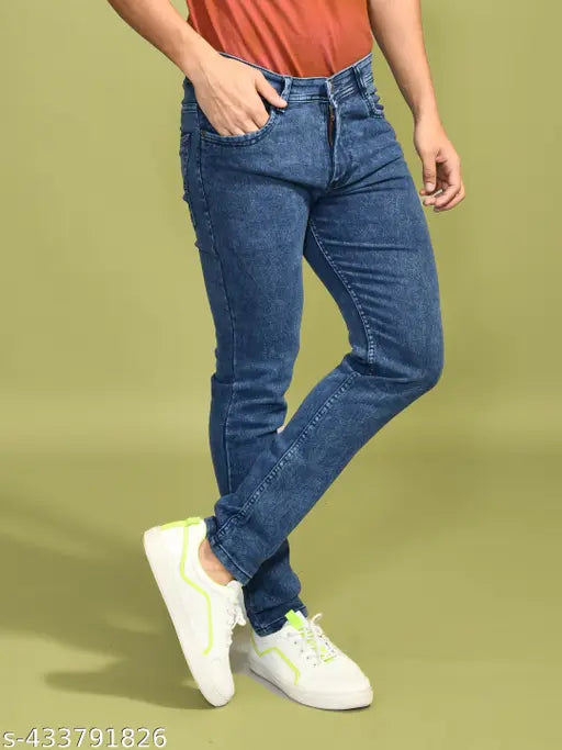 Regular slim men's denim, solid navy blue denim for casual wear