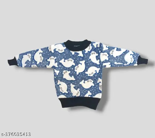 Blue acrylic knit dolphin pattern sweater for kids, soft and warm winter top with long sleeves