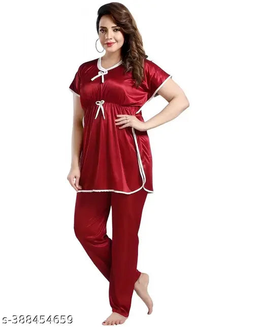 Maroon satin kaftan and pyjama coord set - trending sleepwear for summer nights, Indian design
