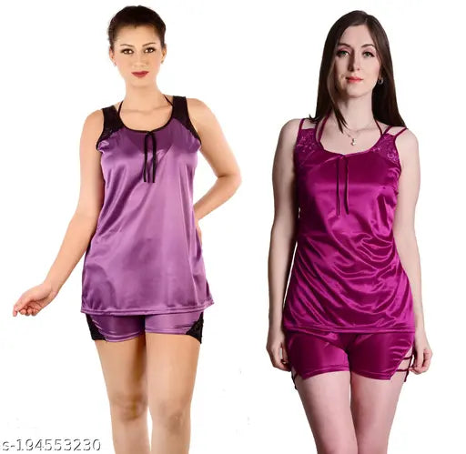 Aradhya satin nightsuits, attractive women's short sleeved, solid pattern nightdress. Comfortable fashion, quality focus