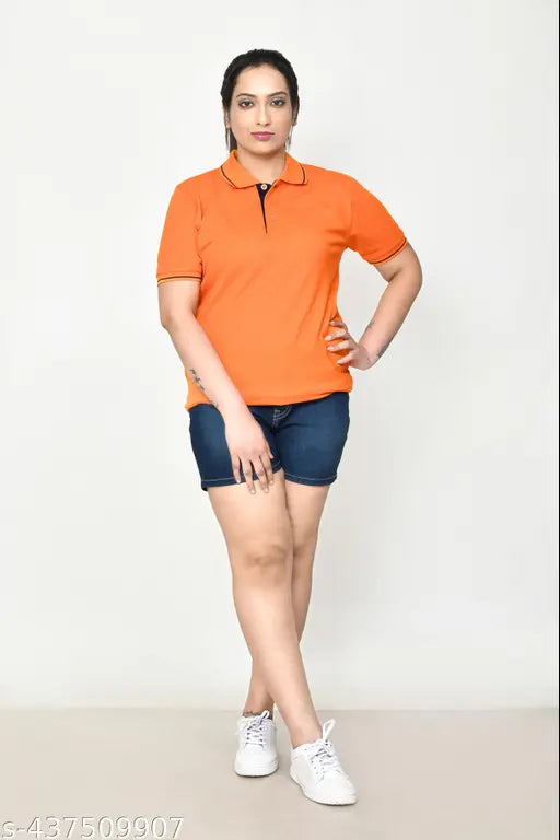 Orange pure cotton women's casual polo t-shirt with half sleeve, regular fit and solid collar