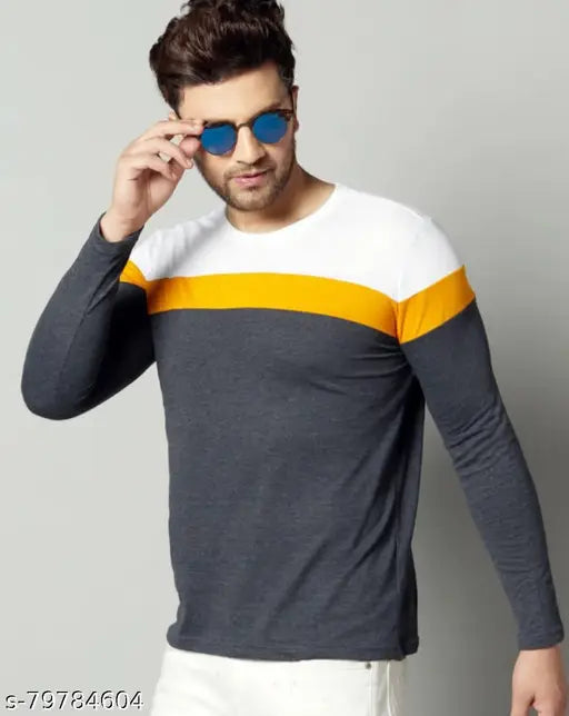 White yellow color-blocked solid full sleeve men's t-shirt, 100% cotton, perfect for gym or casual events, non-shrinkable, made in India