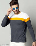 White yellow color-blocked solid full sleeve men's t-shirt, 100% cotton, perfect for gym or casual events, non-shrinkable, made in India