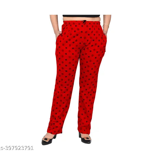 Red printed cotton track pants, relaxed fit, lower cut waistband, set of 2 pieces