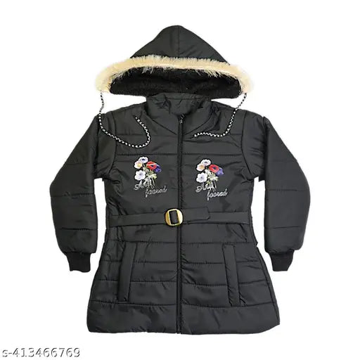 Black, full-sleeve hooded jacket for kids, featuring a cap pullover hood and self-designed design. Regular fit, casual wear, winter clothing, trendy hood jackets