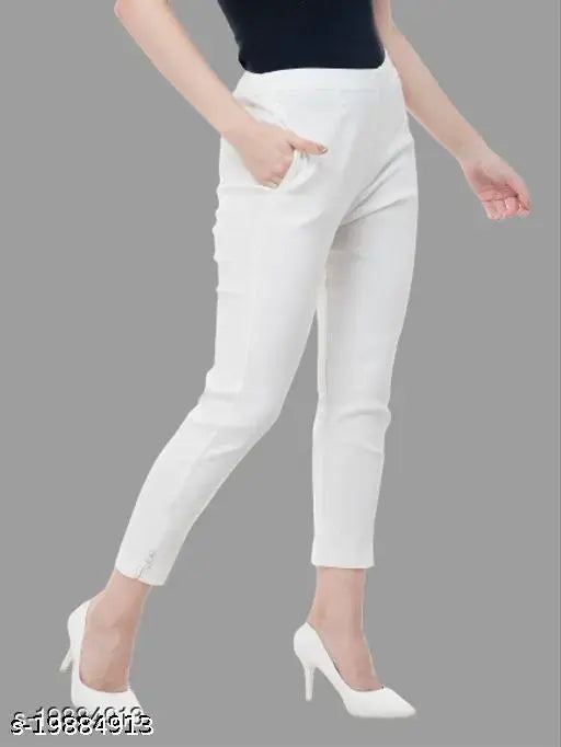 Women's white cotton blend trousers with lycra, solid-patterned pants for fashionable fit and comfort