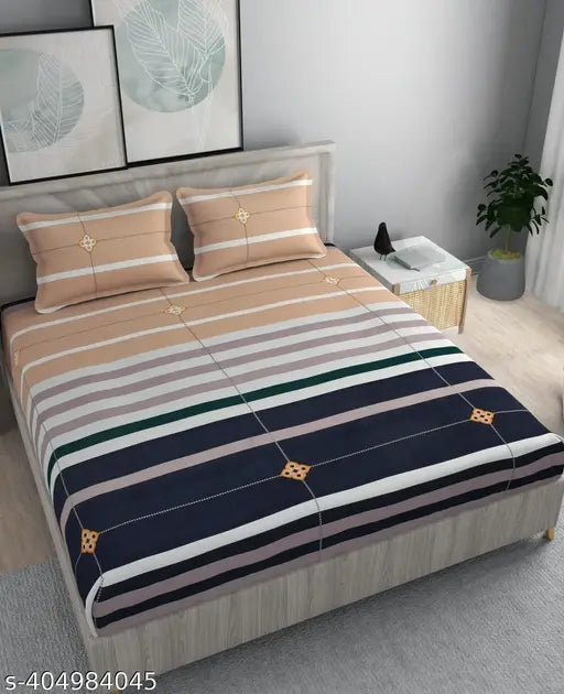 Microfiber striped fitted bedsheet, queen size (70 x 76), with 2 pillow covers, fits 8-10 inch mattress, ideal for summer, adult use. Made in India