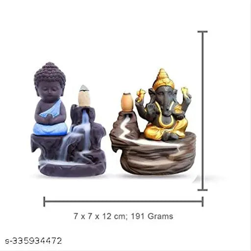 Skyblue gold resin DopinBuddha Ganesh Combo incense holder showpiece statue with 51 backflow cones, Indian handicraft artifact