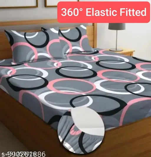 Multi-colored Aone Branded elastic cotton double bedsheet (90x90in, 78x72in fitted), with 2 pillow covers, suitable for 4-8 inch mattresses. Machine washable