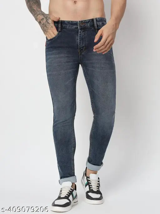 Solid sky blue stretchable denim men's high waist skinny fit jeans