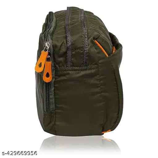 Dark olive green unisex sling bag with multiple pockets and a zip closure