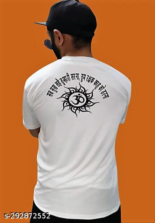 White polyester sports t-shirt with Hanuman sublimation printing, round neck, short sleeves. High-quality Sarina fabric. Size S (38in chest, 25in length), M (40in chest, 26in length), L (42in chest, 27in length), XL (44in chest, 28in length), XXL (46in chest, 29in length). Made in India